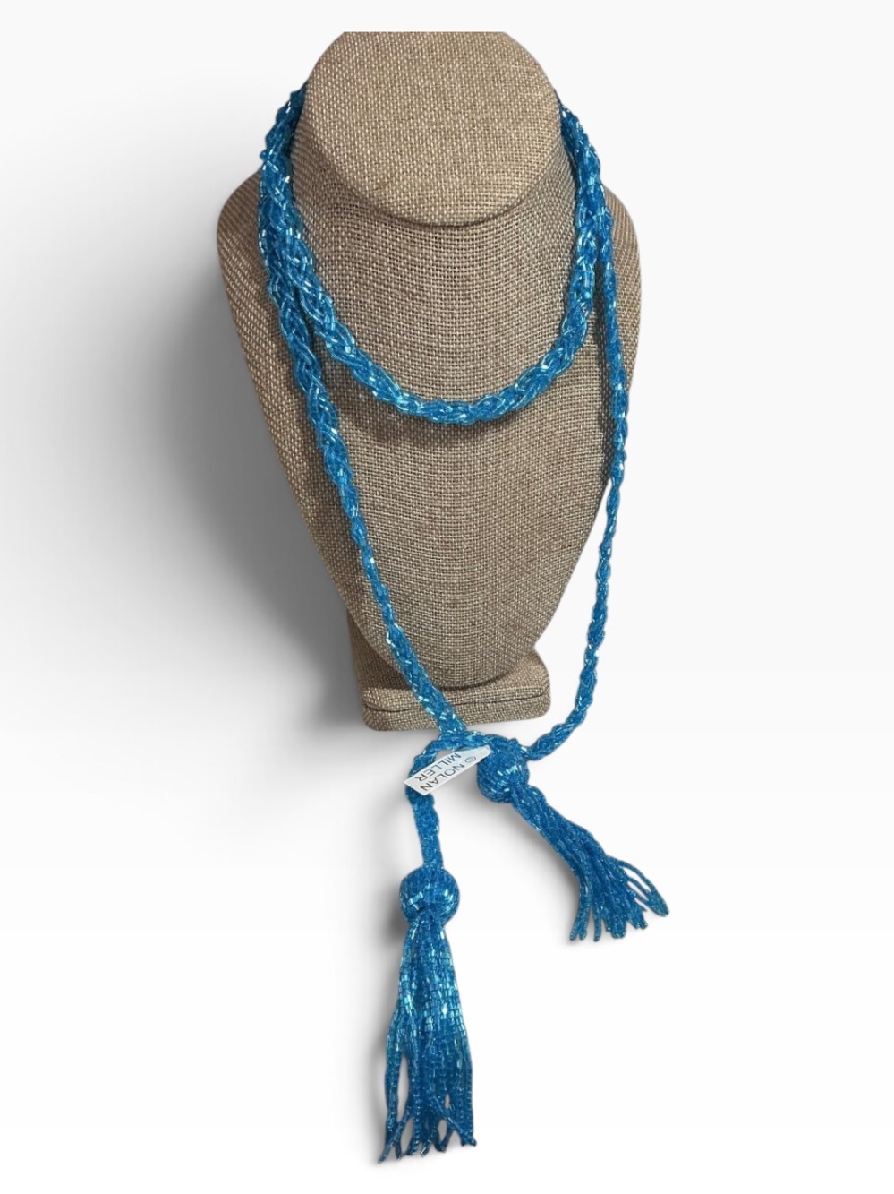 Vintage Nolan Miller Bright Blue Glass Beaded / Braided Tassel Necklace